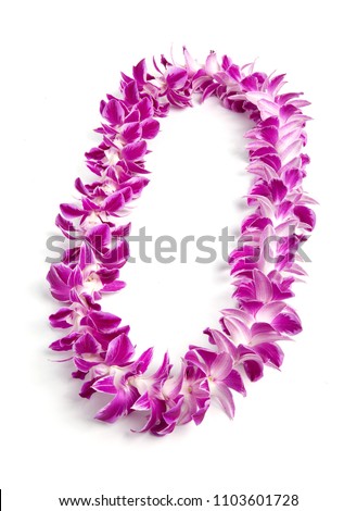 Double Strand Hawaii flowers lei necklace made from  Orchid Flower, Dendrobium Hybrid Pink, from Thailand on white background. Royalty-Free Stock Photo #1103601728