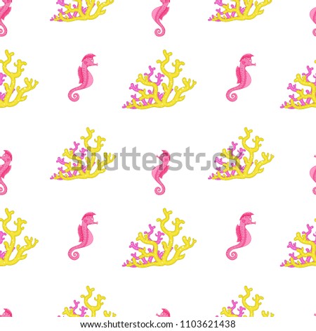 Seahorse and coral reef. Bright and colorful seamless pattern of sea fauna. Childish cartoon ocean creatures. 