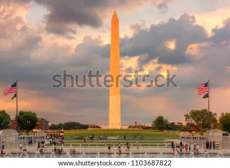 Washington DC skyline at sunset in summertime with Washington Monument, Washington DC, USA.
