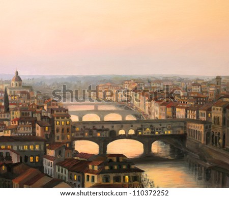 An oil painting on canvas of a sunset over Florence ( Firenze ) with the river Arno and famous Ponte Vecchio enlighten by the warm sunlight.