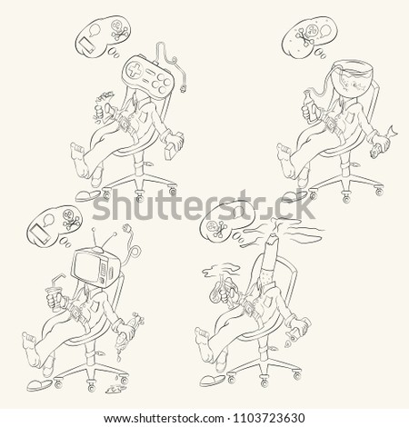 contour vector illustration on the theme of health of the population social problems, dependency on alcohol, gaming, tobacco, and television the seated man in the chair