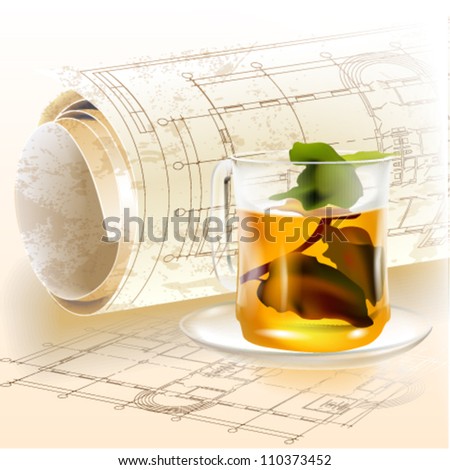 Grunge architectural background with a cup of tea and rolls of drawings. Vector clip-art