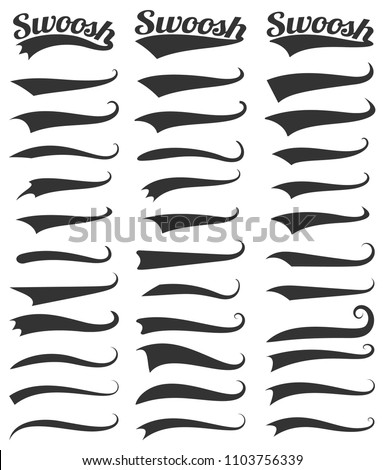 Swoosh and swash text tails vector set. Font tail for baseball sport logo design. Swoosh, Swash, Swish, Swirl vector element, Set of Typography Tail