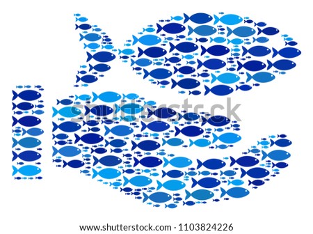 Fish hand offer fish mosaic in blue color hues. Vector fish pictograms are united into hand offer fish mosaic. Ocean design concept.