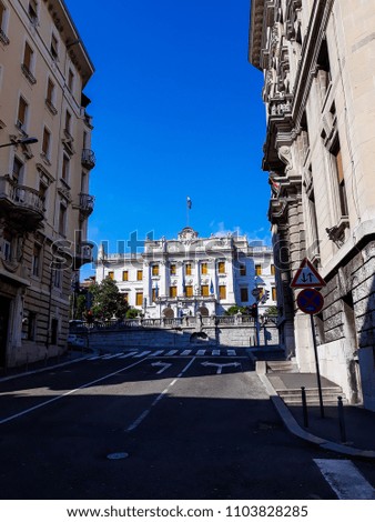 View of Governers palace from the city street against blue sky, City of Rijeka, Croatia