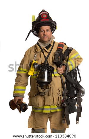Firefighter holding mask and airpack fully protective suit on isolated white background