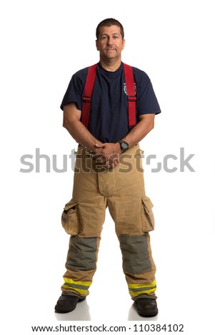 Firefighter Standing Full Body Length Portrait Isolate on Withe Background