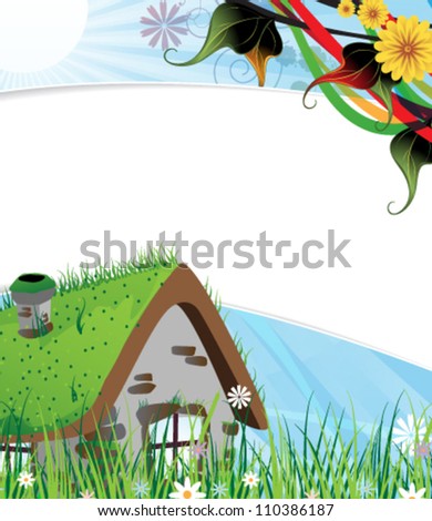  Small brick house on a green spring meadow