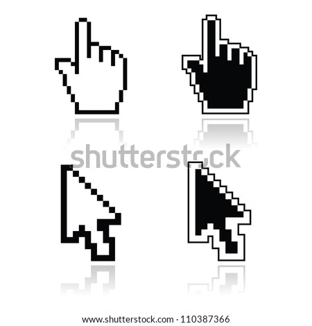 Pixel cursors black clean shiny icons - hand and arrow