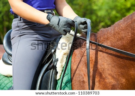 Clouse-up of woman rider and horse Royalty-Free Stock Photo #110389703