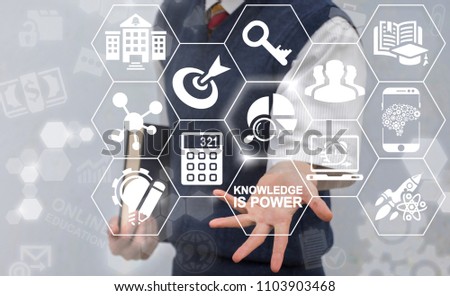 Young man with book offers a circle diagram with magnifying glass surrounded by specific icons. Evaluation and Research Education Strategy. Audit Stats Study Review Educational E-learning.