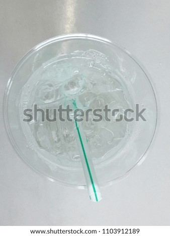 Natural water with ice in a plastic glass in a restaurant