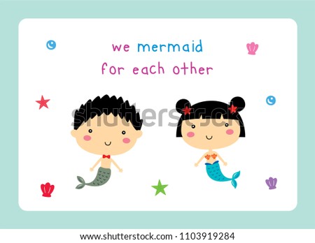 we mermaid for each other wedding card vector. cute mermaid cartoon wedding card.