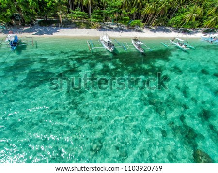 Top view of a tropical island with palm trees and blue clear water. Aerial view of a white sand beach and boats over a coral reef. The island of Palawan, Philippines.