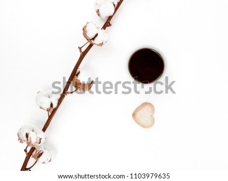 Sweet Dessert cookies with coffee on white background. Good morning, breakfast. Spring. Flat lay. Minimalism. Minimalism Stock Photography