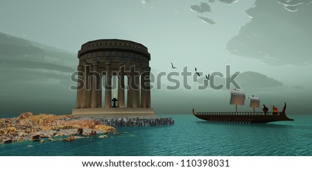 Greek Temple - A ship passes close to a  beautiful Greek temple on the coast of this island.