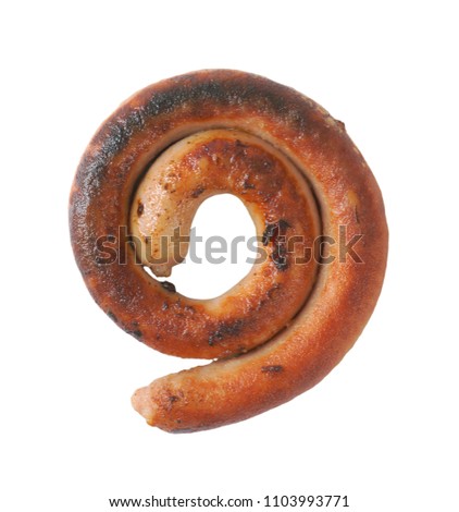 pan fried white wine pork sausages on white background