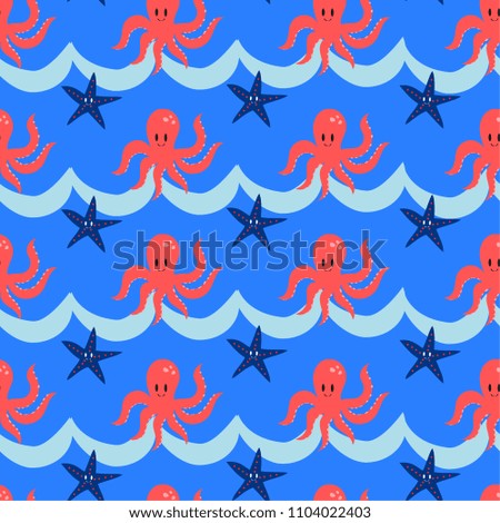 Octopus and starfish with ocean wave seamless pattern illustration vector