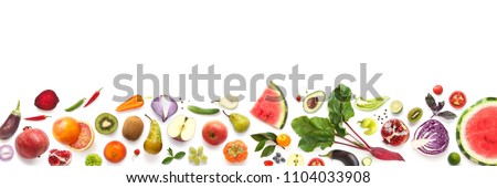 Banner from various vegetables and fruits isolated on white background, top view, creative flat layout. Concept of healthy eating, food background. Frame of vegetables with space for text. Royalty-Free Stock Photo #1104033908