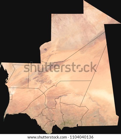 Large (13 MP) satellite image of Mauritania with internal (regions) borders. Country photo from space. Isolated imagery of the Islamic Republic of Mauritania. Elements of this image furnished by NASA.
