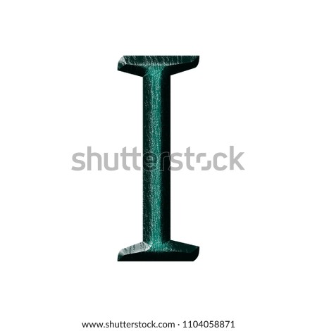 Beveled teal wood letter I in a 3D illustration with a dark gradient edge effect and wood grain texture in a classic style font isolated on a white background with clipping path