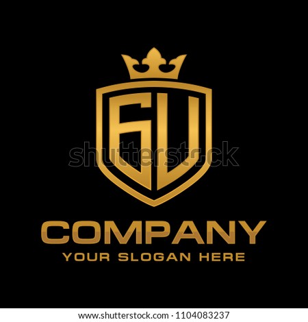 Letter GU initial with shield and crown, Luxury logo design vector