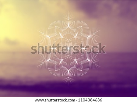 Vector template of banner, horizontal format; Spiritual sacred geometry; "Flower of life" and lotus on psychedelic natural forest photographic background; Yoga, meditation and relax. Royalty-Free Stock Photo #1104084686