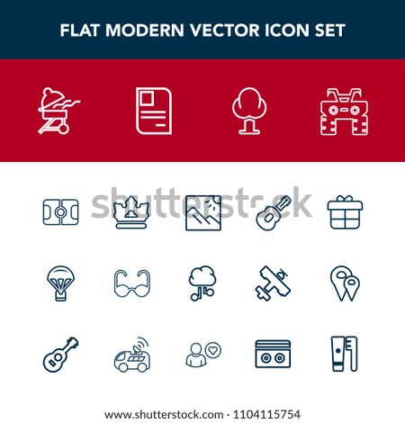 Modern, simple vector icon set with dirt, musical, parachuting, forest, atv, gift, cloud, soccer, queen, music, pitch, internet, football, holiday, bbq, fashion, sky, barbecue, sunglasses, royal icons