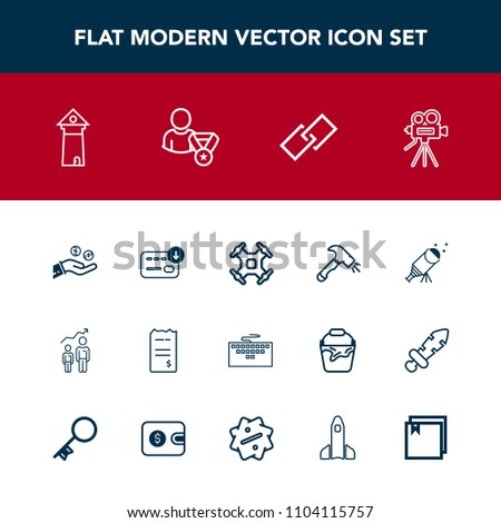 Modern, simple vector icon set with movie, bag, web, shovel, laptop, money, construction, keyboard, tower, bill, architecture, aerial, equipment, hand, paper, success, tripod, camera, computer icons