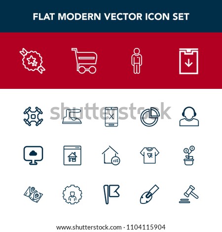 Modern, simple vector icon set with cancel, center, ironing, support, graph, cord, technology, business, cart, real, online, buy, subscription, cloud, presentation, domestic, housework, web, man icons