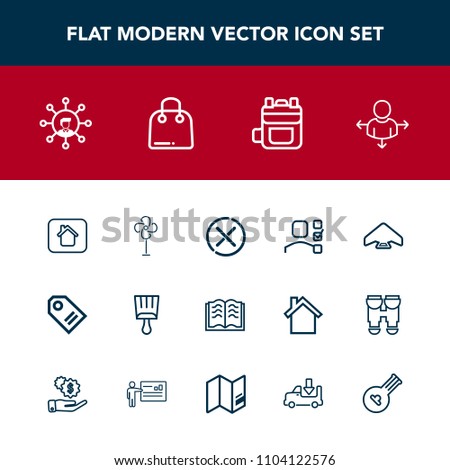 Modern, simple vector icon set with label, air, communication, office, electric, plan, cancel, estate, backpack, literature, parachuting, sale, jump, personal, cooler, no, sky, stop, page, paint icons