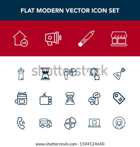 Modern, simple vector icon set with touch, bag, price, tv, musical, house, tower, string, television, clock, architecture, instrument, hand, business, businessman, button, shop, presentation icons