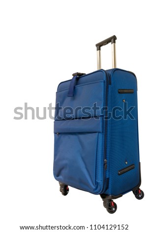 Isolated. Blue travel suitcase on wheels. Big bag for travel. Luggage for trip