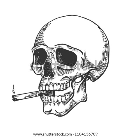 Skull smoking cigarette engraving vector illustration. Scratch board style imitation. Black and white hand drawn image.