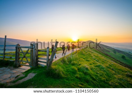 Sunrise of The Great Ridge at Mam Tor hill in Peak District Royalty-Free Stock Photo #1104150560