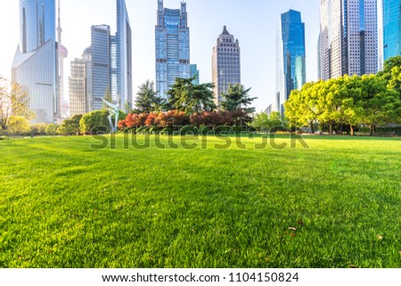 green lawn with panoramic city skyline 
