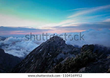 Yushan Taiwan highest peak. Also Mount Jade or Mount Yu, is the highest mountain in Taiwan at 3,952 metres (12,966 ft) above sea level, giving Taiwan the fourth highest maximum elevation of any island Royalty-Free Stock Photo #1104169952
