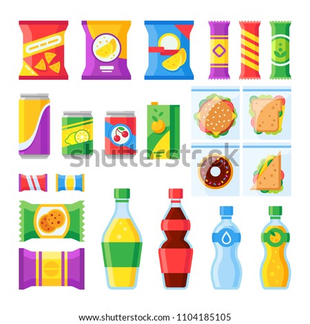 Vending products. Snacks, chips, sandwich and drinks for vendor machine bar. Cold beverages and snack in plastic package merchandising flat vector isolated icons set Royalty-Free Stock Photo #1104185105