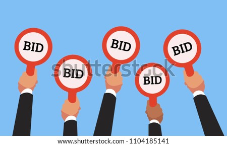 Businessman buyers hands raising auction bid paddles with numbers of competitive bidding price. Auction business bidders raise hand on blue background flat vector concept illustration Royalty-Free Stock Photo #1104185141