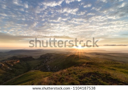 Sunrise above mountains, beautiful early morning in South African highlands