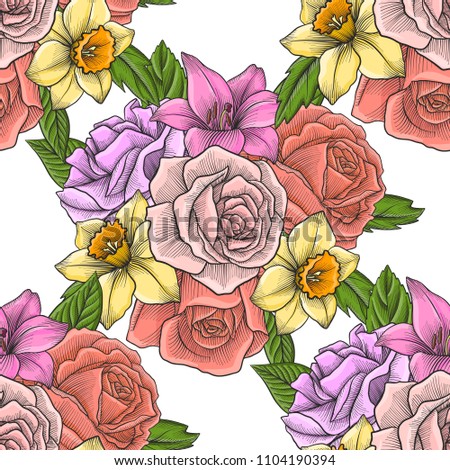 vintage vector floral seamless pattern with flowers of roses, hand drawn design illustration