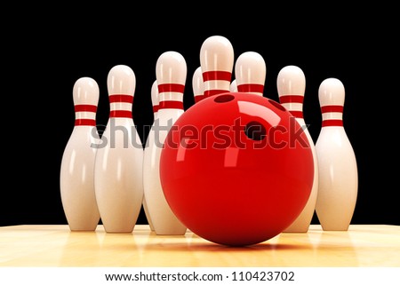illustration of skittle and bowling ball on wooden floor