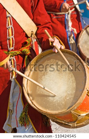 Musician playing drum during historical festival. Moscow, Russia