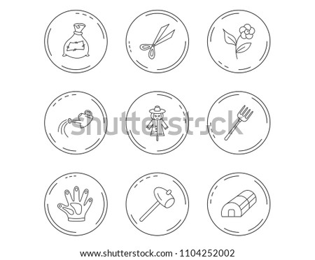 Hammer, hothouse and watering can icons. Bag of fertilizer, scissors and flower linear signs. Hammer, scarecrow and pitchfork flat line icons. Linear Circles web buttons with icons. Vector