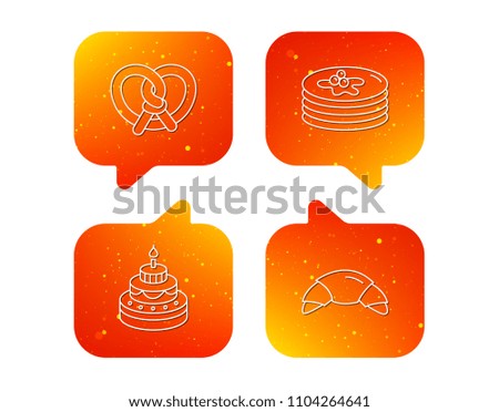 Croissant, pretzel and pancakes icons. Sweet cake linear sign. Orange Speech bubbles with icons set. Soft color gradient chat symbols. Vector