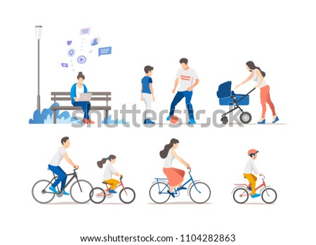 People outdoor in the park on weekend. Vector illustration.