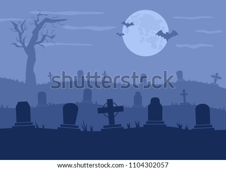 Cemetery or graveyard dark background. Silhouettes of tombstones and tree. Color vector illustration for Halloween posters or banners Royalty-Free Stock Photo #1104302057