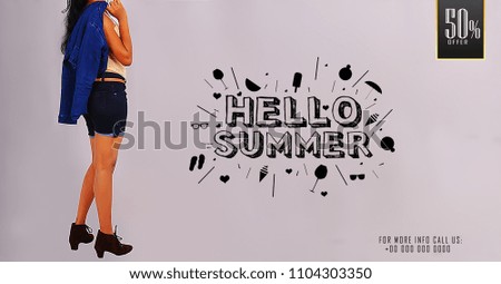 'Hello Summer' Young girl posing on summer sale promotional banner templates.