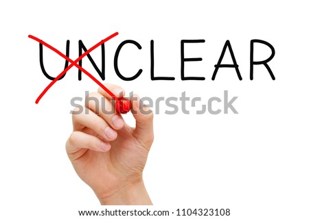 Hand changing the word Unclear into Clear with red marker isolated on white. Royalty-Free Stock Photo #1104323108