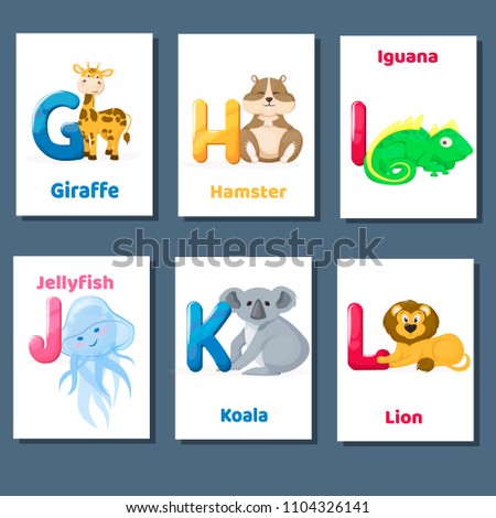 Alphabet printable flashcards vector with letter G H I J K L. Zoo animals for english language education. Kindergarten abc poster cards with alphabet letters for preschool kids homeschooling.
